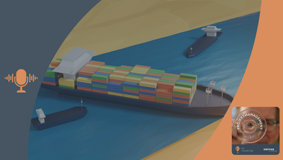 Das Bild zeigt ein havariertes Containerschiff, welches in einem Kanal quer feststeckt. Zwei Schleppbote kommen von rechts und links zur Hilfe. Dies steht symbolisch für Großprojekte, die häufig in Krisensituationen gelangen. Mit welchen Maßnahmen könnte man sie zurück auf Kurs bringen? Der dunkelblaue und orangefarbene Rahmen mit Mikrofon-Symbol und Podcast-Cover verweist auf den Podcast „Projektmanagement im Glas“ mit Christian Dürk, präsentiert von Corivus.
