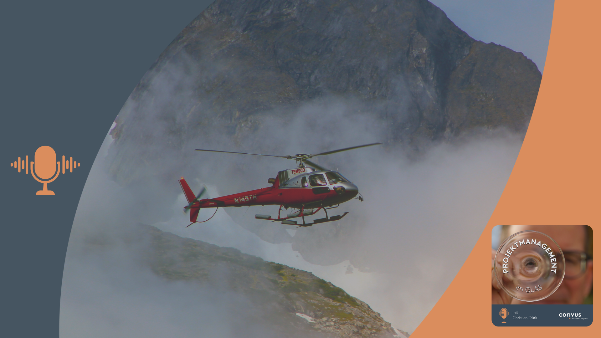 Flight Levels in agilen Organisationen Flight Levels in agilen Organisationen: Das Bild zeigt erinen Hubschrauber beim Flug in den Bergen, zwischen den Wolken. Dies symbolisiert die verschiedenen Ebenen der Zusammenarbeit und Koordination in agilen Organisationen. Der Hubschrauber steht für den strategischen Überblick, während die Berge für Herausforderungen und Strukturen in Unternehmen stehen. Die Wolken vermitteln Dynamik und Veränderung – zentrale Aspekte agiler Arbeitsweisen. Grafische Elemente wie ein Mikrofon-Symbol und das Podcast-Cover „Projektmanagement im Glas“ mit Christian Dürk und Corivus-Branding runden das Design ab.